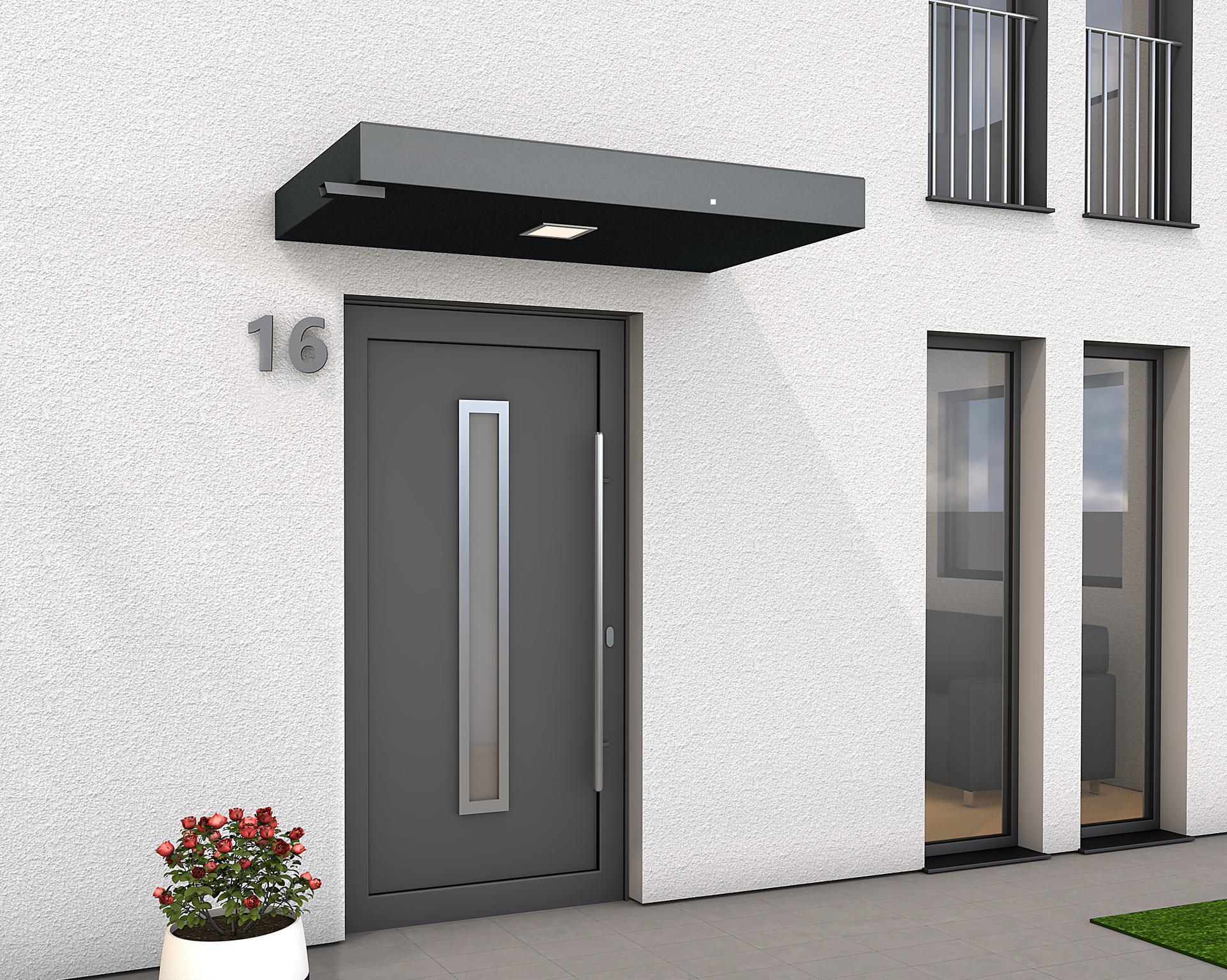 Rechteckvordach BS Plus 200 mit Wasserspeier links RAL 7016 - mittiges LED-Panel