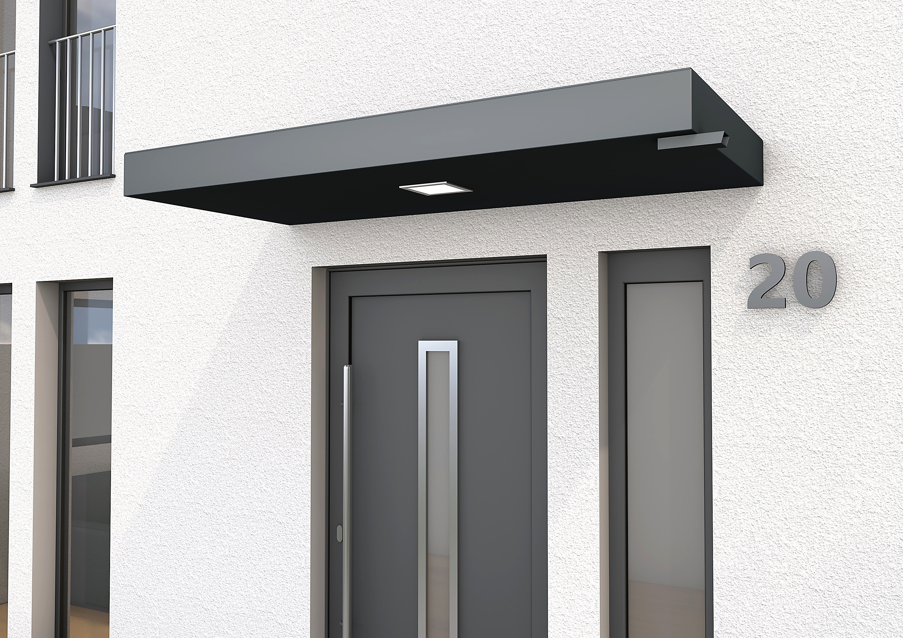 Rechteckvordach BS Plus 200 mit Wasserspeier rechts RAL 7016 - mittiges LED-Panel