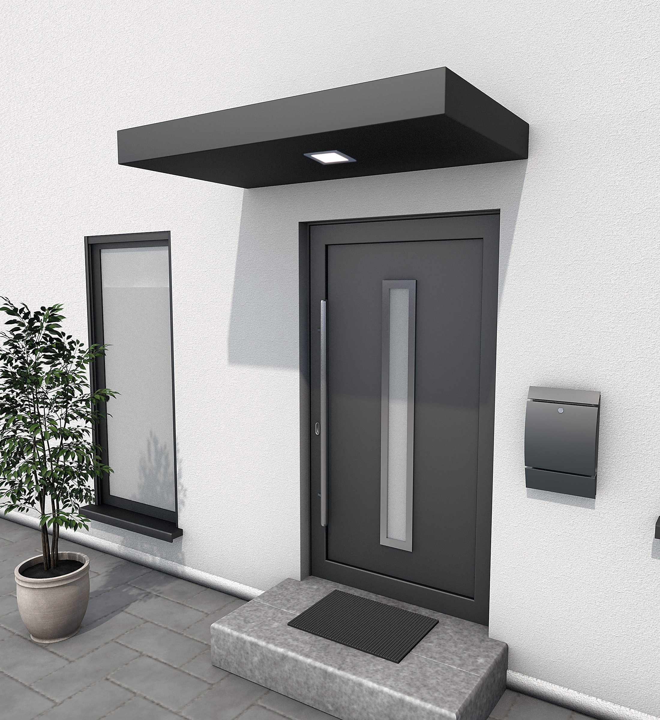 Gutta Rechteckvordach BS Plus 160 mit Wasserspeier rechts anthrazit - mittiges LED-Panel